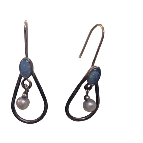 Vintage Sterling Silver Teardrop Earrings With Blue Opal & Pearl Accents - Picture 1 of 8